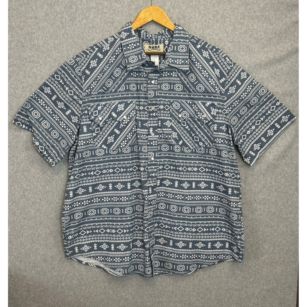 Duke Haband Mens XL Western Pearl Snap Shirt Blue Aztec Tribal Print Geometric
